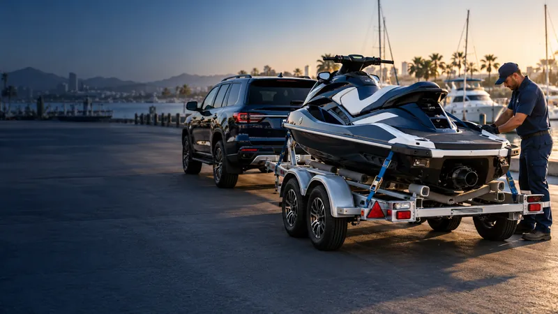 Imagem ilustrativa de jet ski apoiado em carreta náutica para transporte por estrada, com operador ao lado