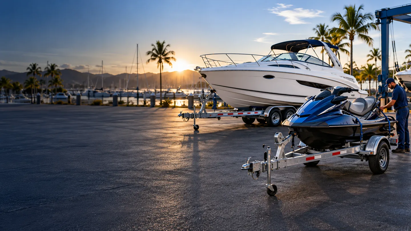 Imagem ilustrativa de lancha e jet ski apoiados em carretas náuticas para transporte rodoviário